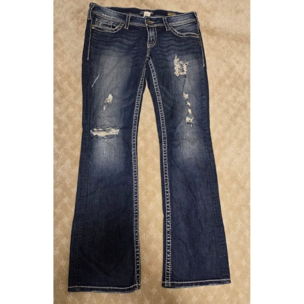 Silver Jeans Women's Dark Blue Distressed Boot Cut Jeans